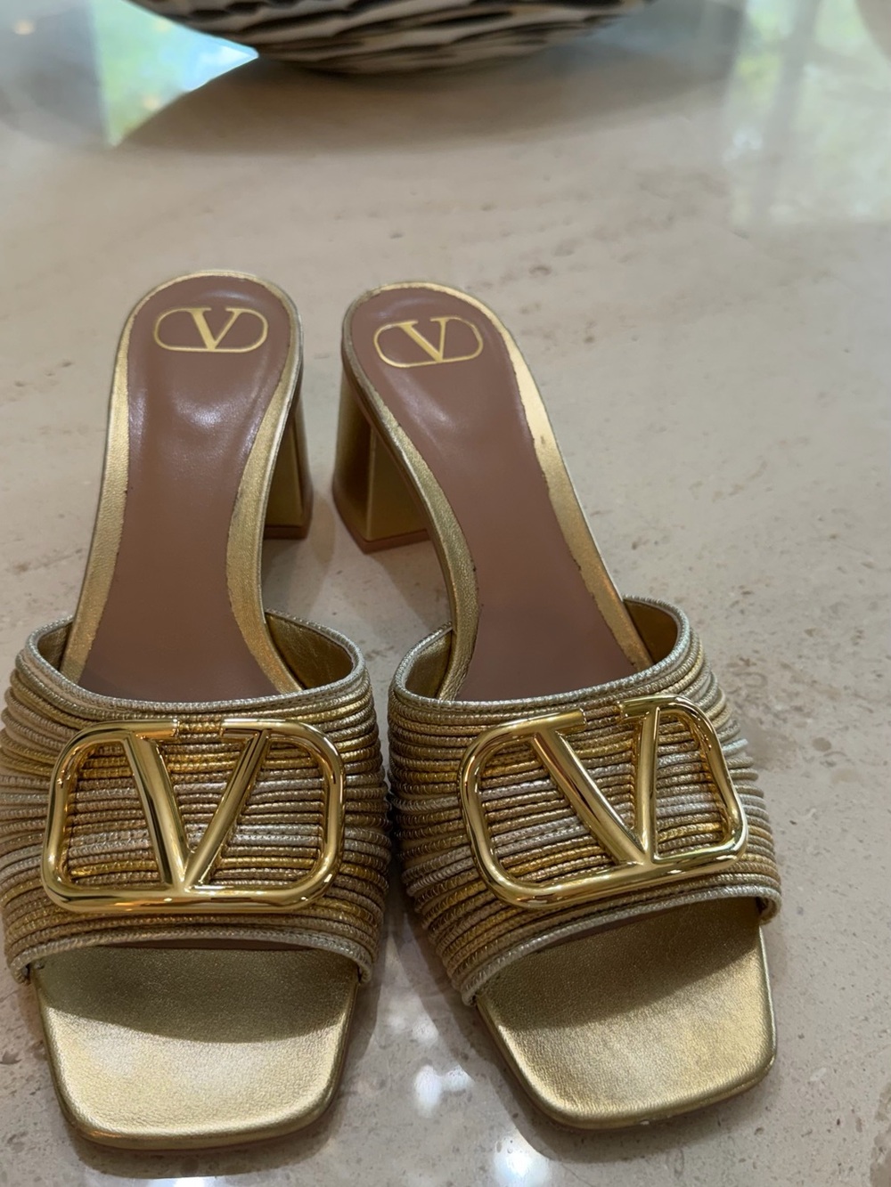 Valentino gold and silver Women's Slide Sandals with Decorative Logo Accent